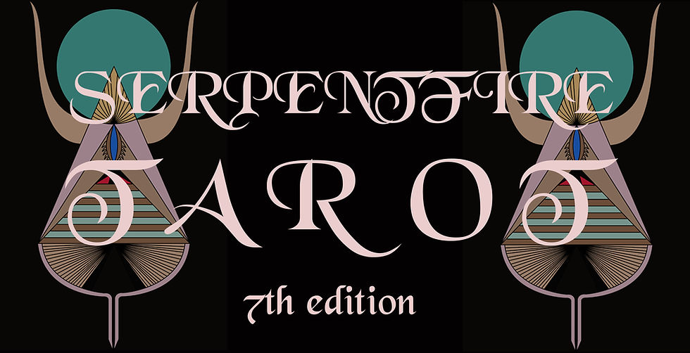Serpentfire Tarot - A Journey into the Divine Feminine Serpentfire Tarot 7th Edition box and cards in mystical desert setting